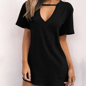 Sexy-Elegant-Dress-Wrap-Deep-V-Neck-Cut-Out-Loose-Dress-Women-Solid-Color-Short-Sleeve Sexy-Elegant-Dress-Wrap-Deep-V-Neck-Cut-Out-Loose-Dress-Women-Solid-Color-Short-Sleeve