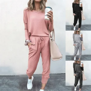 kf-S8bf48448422940c0bc80d1ddcde46cf4G-Hot-Women-s-Long-Sleeve-Round-Neck-Top-and-Pants-Set-Simple-Solid-Colour-Pajama-Set